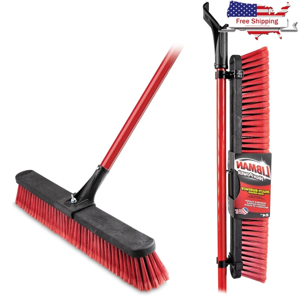 Durable 24-Inch Multi-Surface Push Broom – Heavy Duty Steel Handle for Garage Patio Driveway