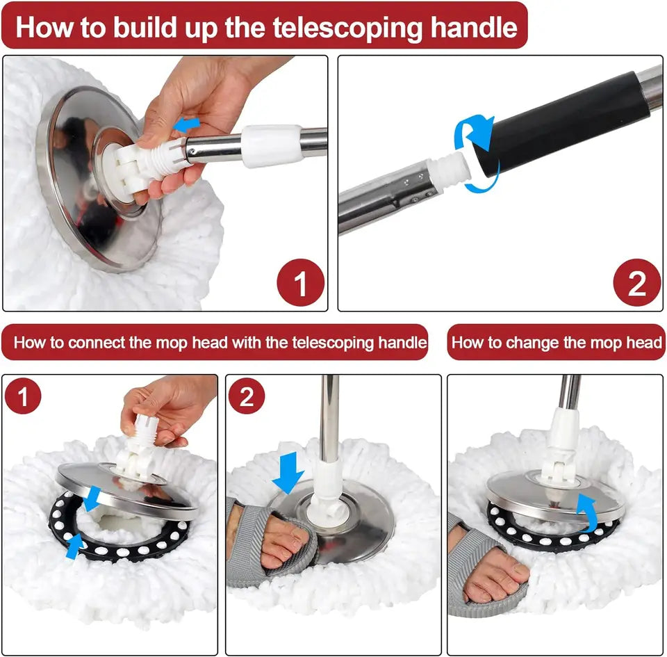 360° Spin Mop Bucket Set with 3 Microfiber Heads Stainless Handle