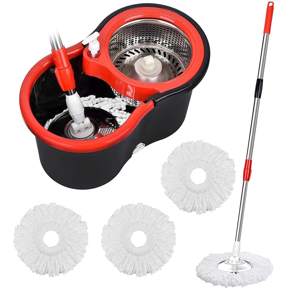 360° Spin Mop Bucket Set with 3 Microfiber Heads Stainless Handle