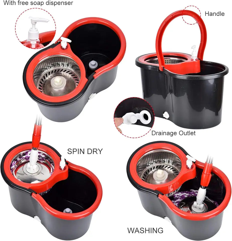 360° Spin Mop Bucket Set with 3 Microfiber Heads Stainless Handle