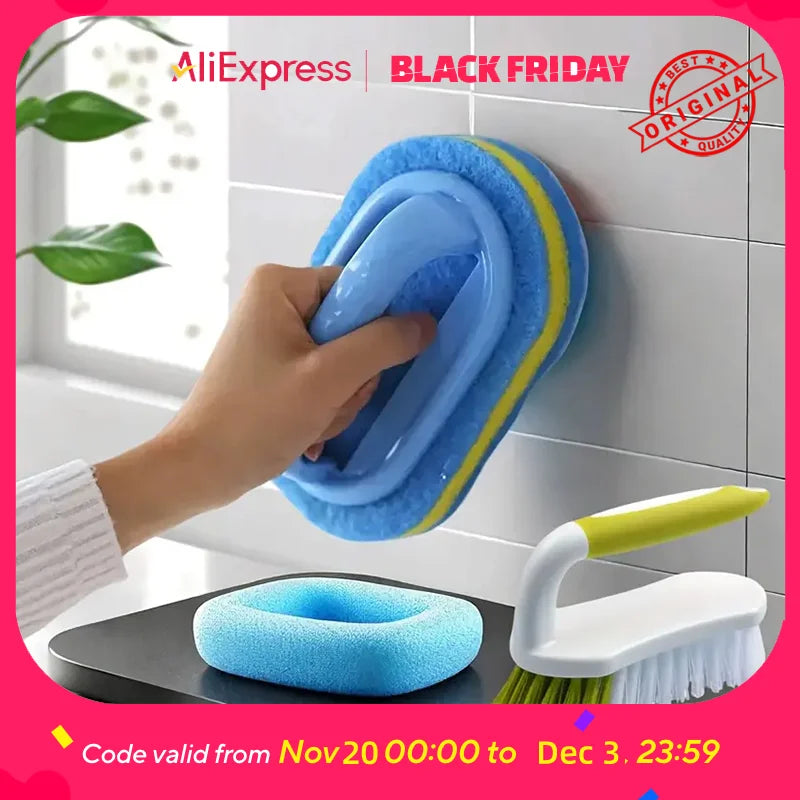 Tiles Sponge Cleaning Brush with Handle for Kitchen Bathroom